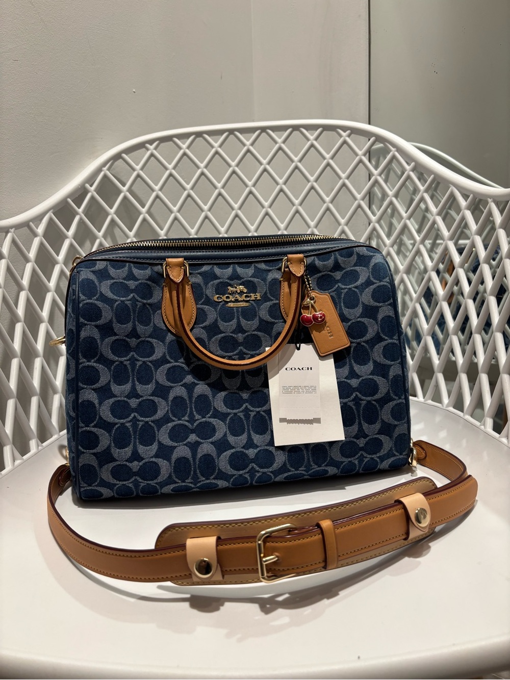 Coach Navy Signature Canvas Bag with Tan Leather Trim